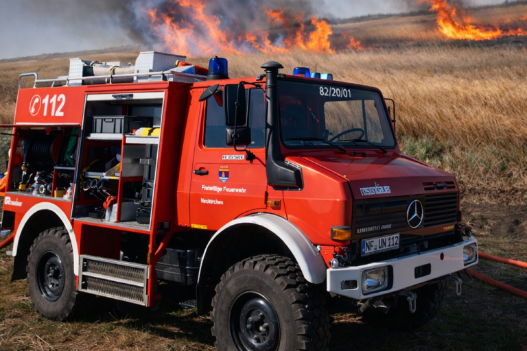 Feuerwehr Einsatzfahrzeug im Einsatz bei einem Vegetationsbrand im Wald- und Wiesenbereich in Nordfriesland